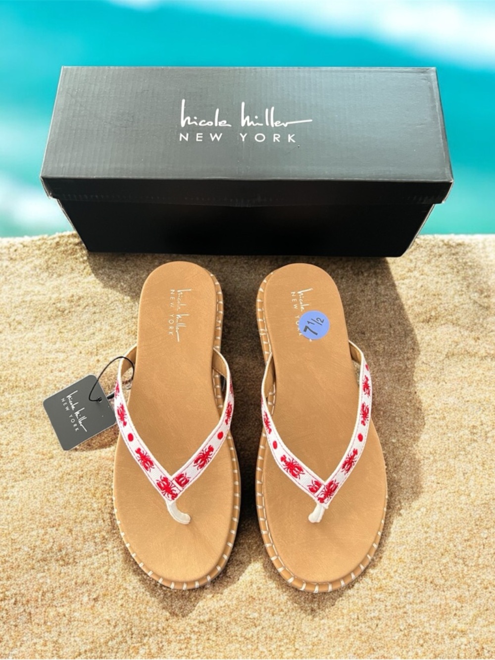 Nicole Miller Lobster size 7.5  Tan leather Flip Flops.  Whimsical and Fun!